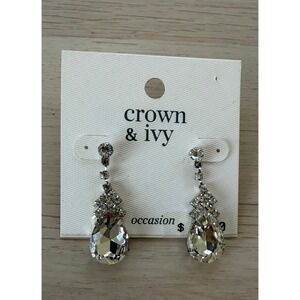 Crown & Ivy Occasion Silver Tone Crystal Teardrop Drop Earrings NWT